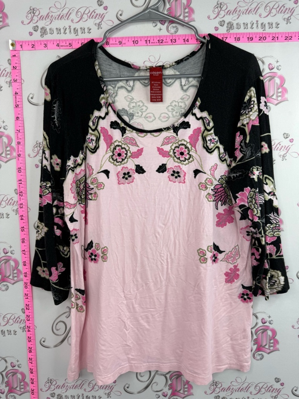 Olsen Europe, shirt, Pink Floral Raglan Long Sleeve Top with Black Sleeves
